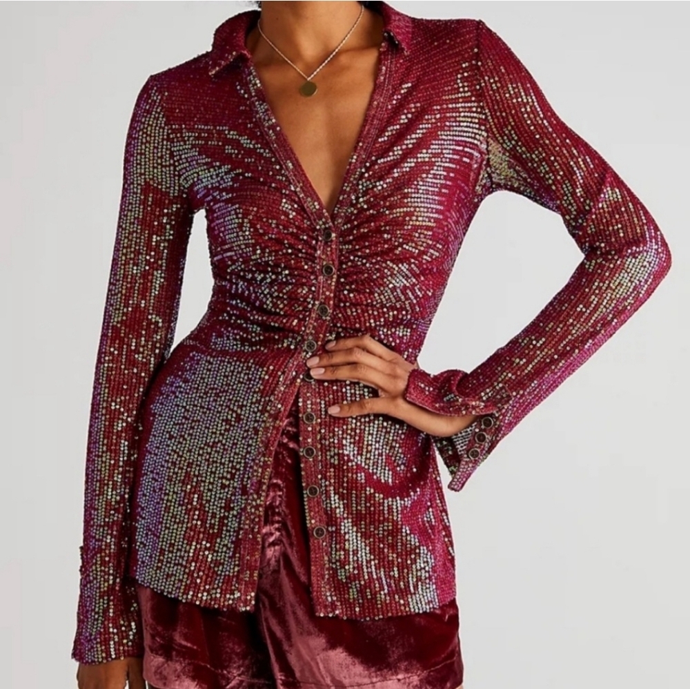 Free People Burgundy Sequin Ruched Button-Front Blouse
